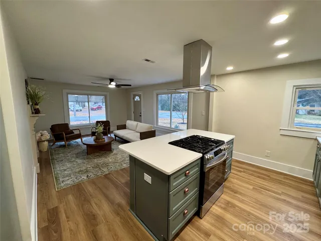 a kitchen with sink stove and refrigerator