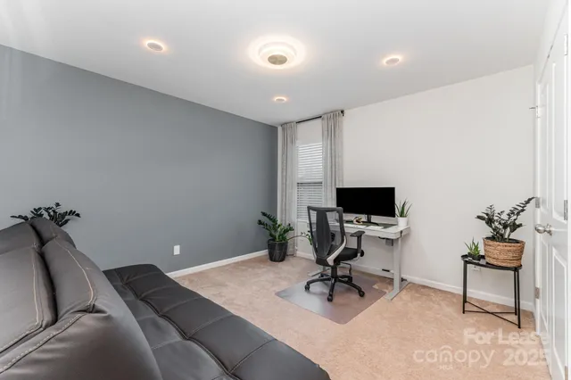 a room with a couch and a potted plant
