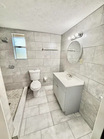 a bathroom with a sink mirror and toilet