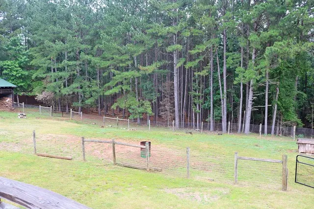 a view of swimming pool with a big yard and large trees