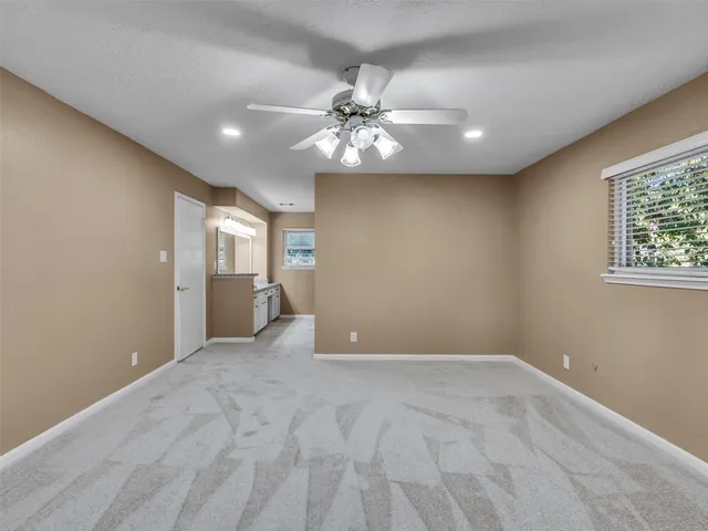 a view of a yard with plants and large trees