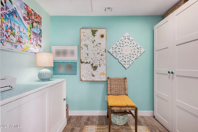 a room with a table and a chair