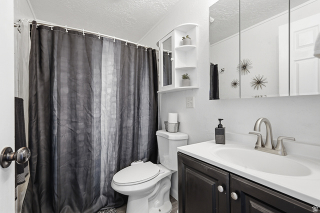 830 North Stone Road Snowville, UT 84336 - Photo 10 of 69 Bathroom with a textured ceiling, vanity, and curtained shower