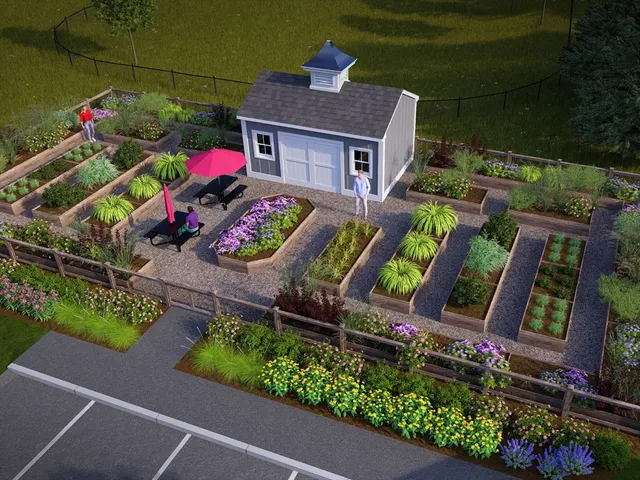 a large building with garden in front of it