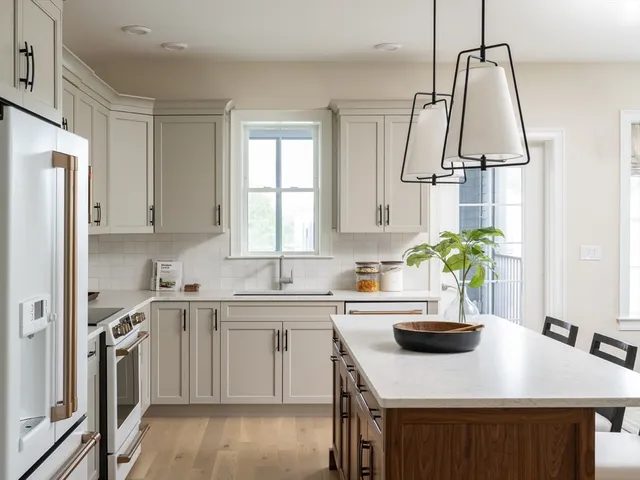 a kitchen with kitchen island a sink a stove a refrigerator and cabinets