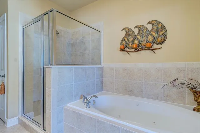 a bathroom with a bathtub and a shower