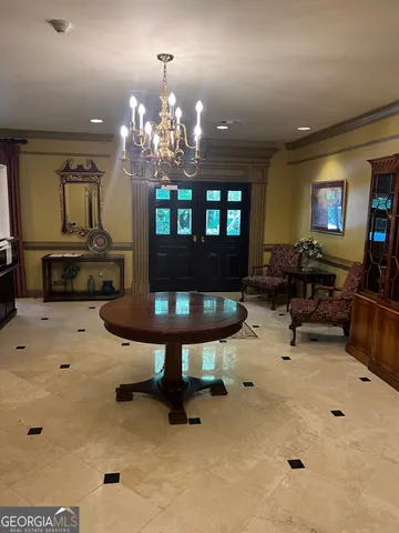 a living room with a rug