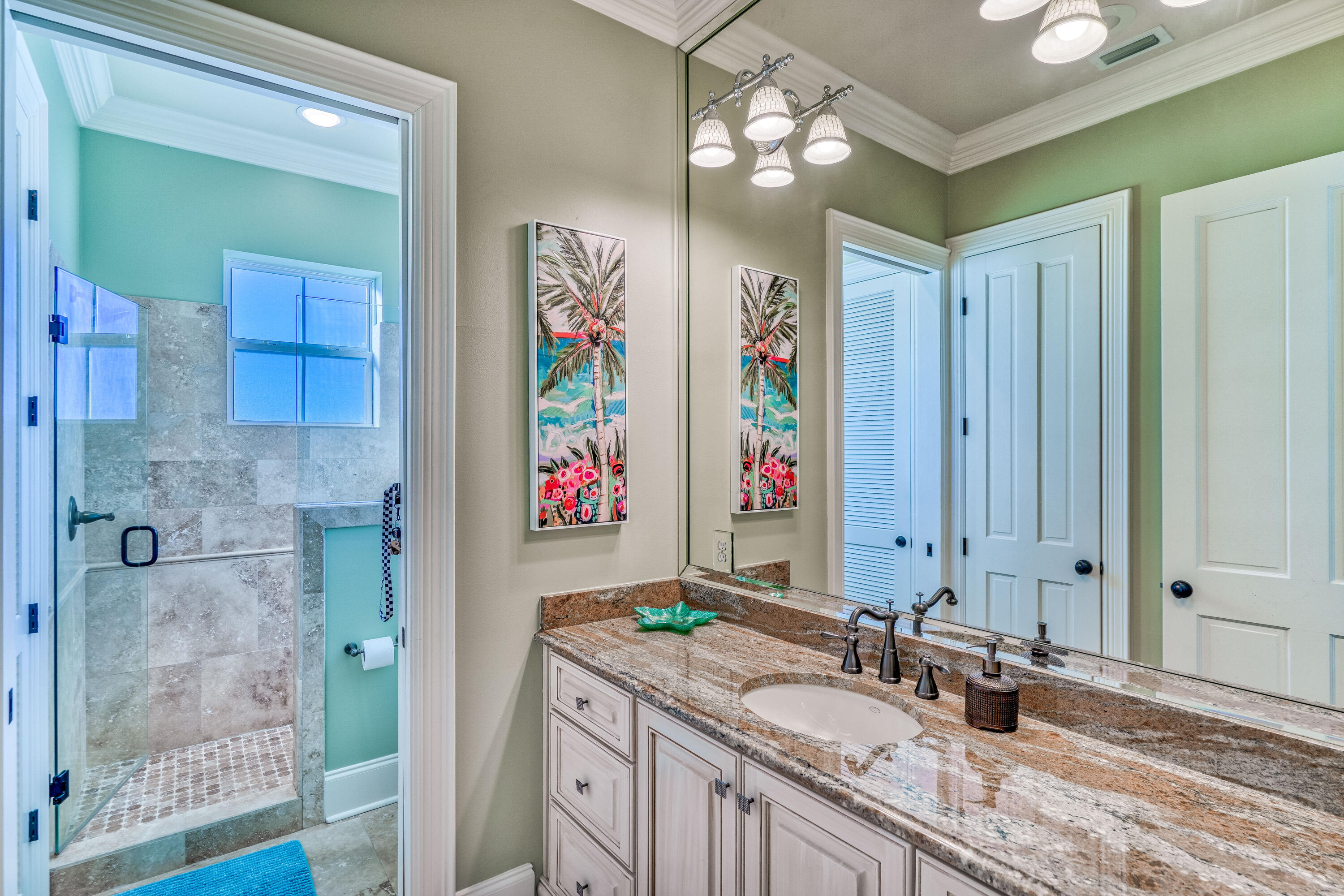 89 Palmeira Way Santa Rosa Beach, FL 32459 - Photo 38 of 64 a bathroom with a granite countertop sink a mirror and shower