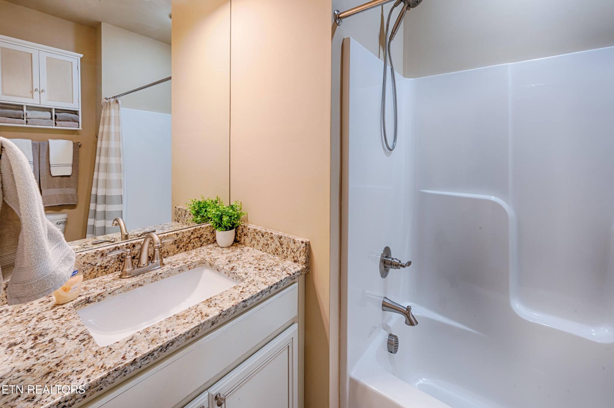 229 Bishops Cap Circle, Unit 101 Townsend, TN 37882 - Photo 34 of 47 a bathroom with a granite countertop sink and a mirror