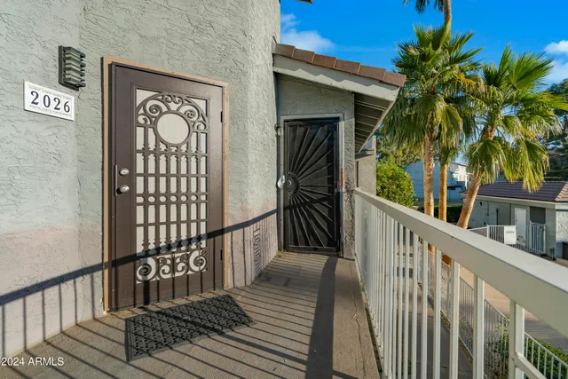 a view of a wooden door with a street