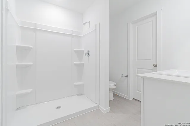 a bathroom with a shower and a toilet