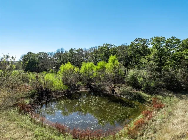 a view of a lake with houses in the back