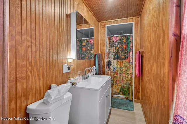 a bathroom with a sink a toilet and shower curtain