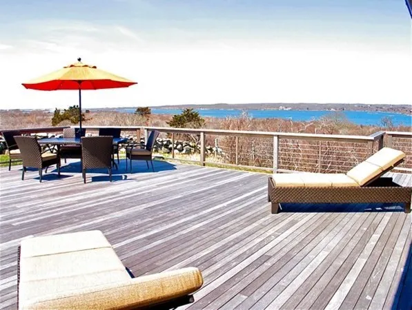 an outdoor space with furniture