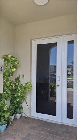 a potted plant is sitting in front of a house