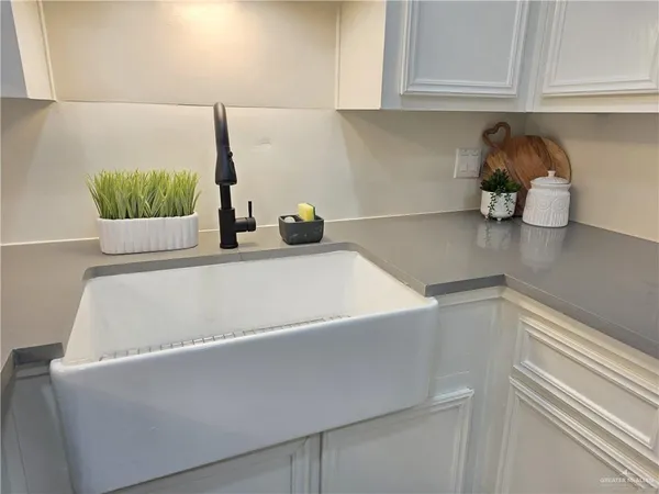 a close view of sink and cabinets