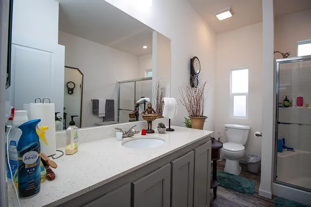 a bathroom with a sink and mirror with toilet