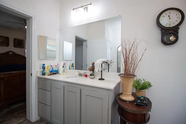 a bathroom with a sink and a mirror