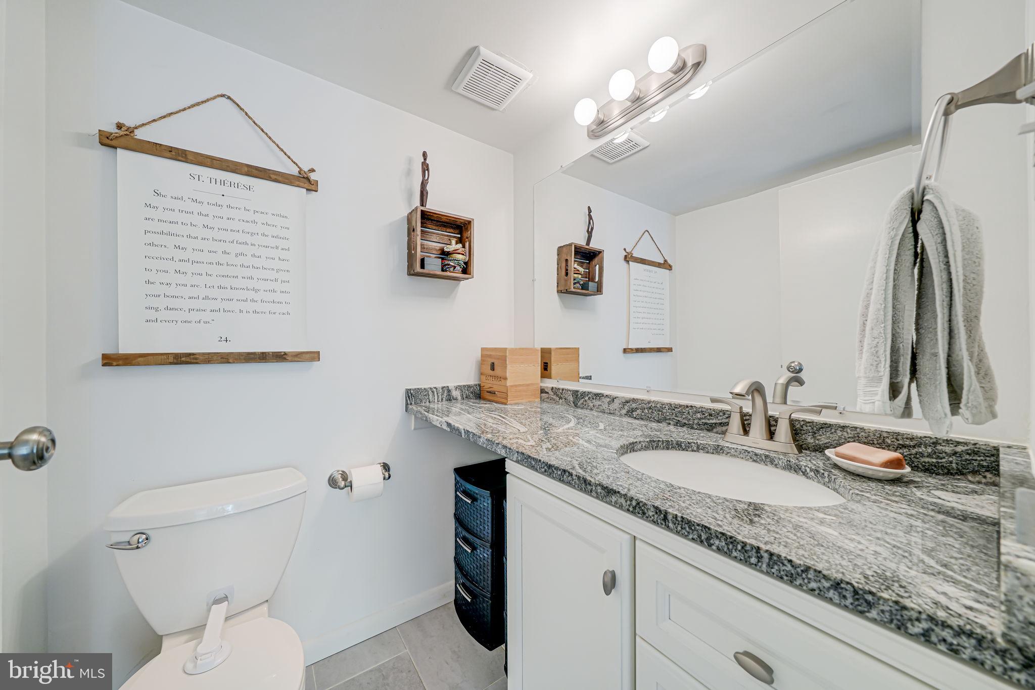 11220 Chestnut Grove Square, Unit 222 Reston, VA 20190 - Photo 28 of 35 a bathroom with a granite countertop sink a toilet and a mirror