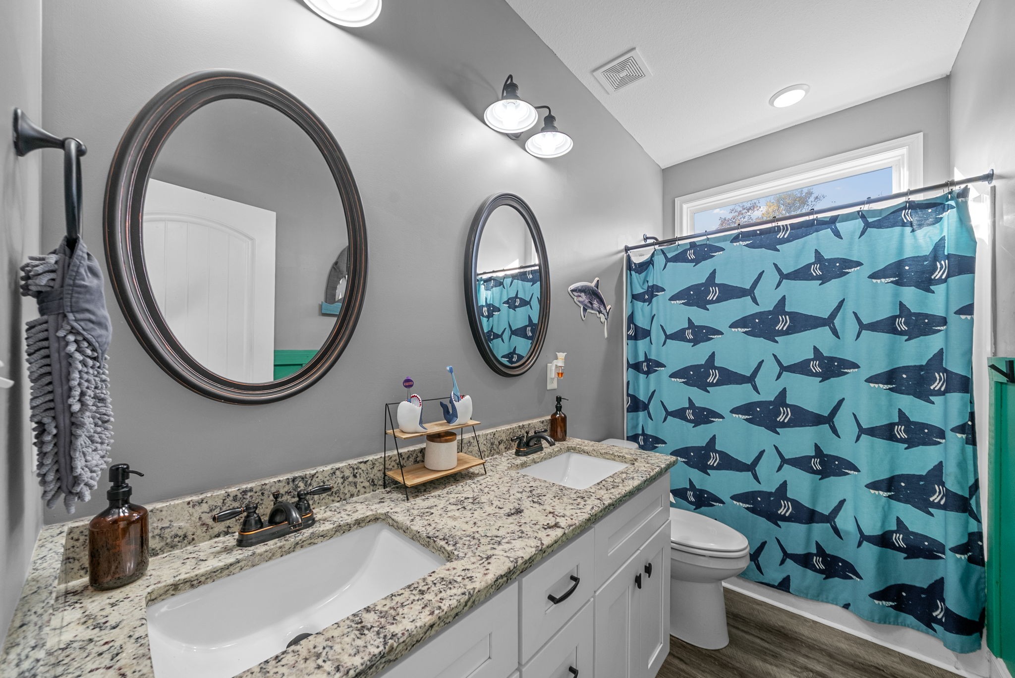 4553 Cumberland City Road Indian Mound, TN 37079 - Photo 27 of 44 a bathroom with a granite countertop toilet a sink and a mirror