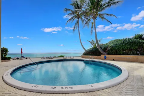 a view of a swimming pool with a yard