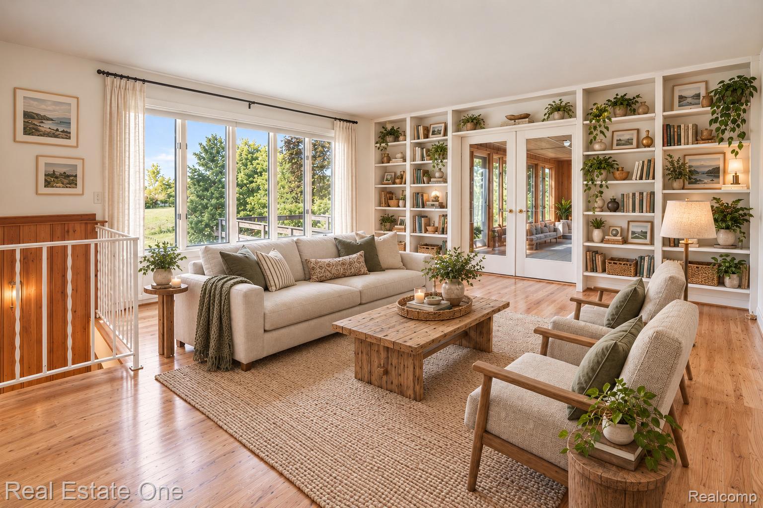 895 Rowe Road Milford, MI 48380 - Photo 4 of 50 Virtually Staged Expansive room featuring hardwood flooring, built-in shelving, French doors, and large picture windows