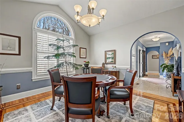 a view of a dining room with furniture