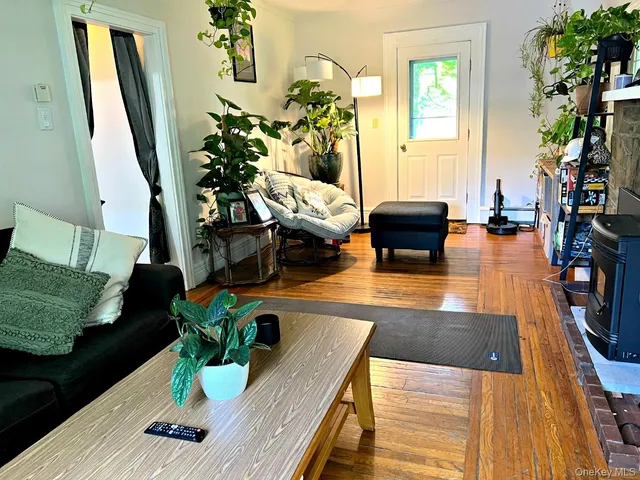 a living room with furniture fireplace and a potted plant