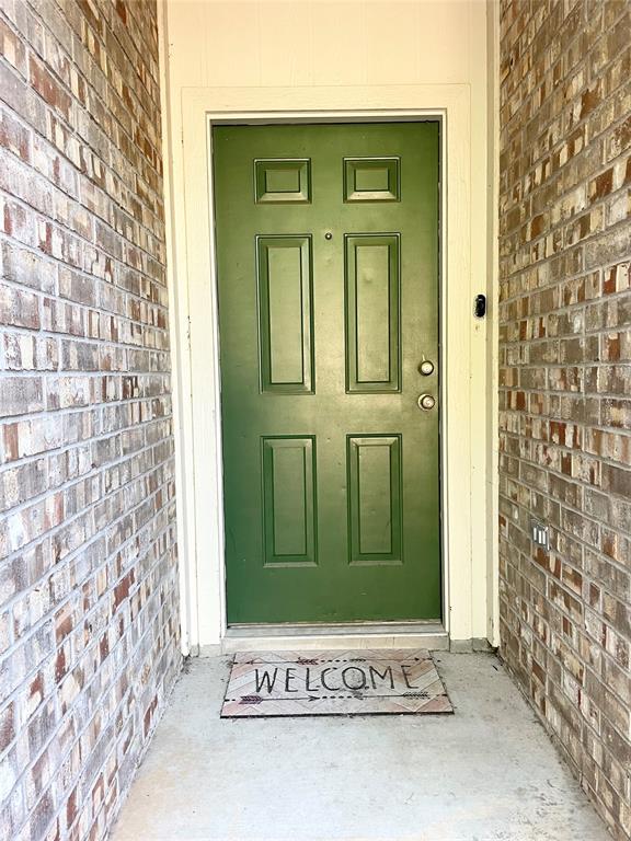 207 Kates Way Hutto, TX 78634 - Photo 3 of 24 Entryway featuring a panel door with a vibrant green finish, surrounded by a classic brick exterior