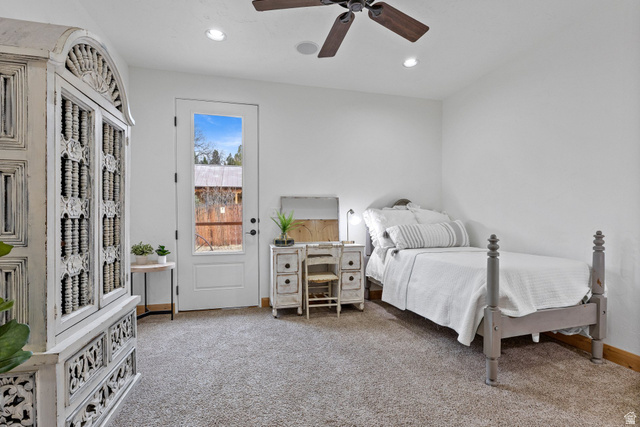 98 Bridge Road Rockville, UT 84763 - Photo 20 of 75 Bedroom #2 – En-Suite with Private Entrance. Carpeted bedroom with recessed lighting and ceiling fan