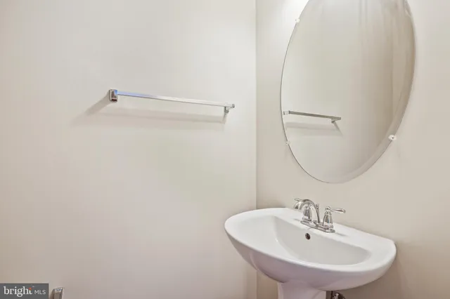 a bathroom with a sink a mirror and a shower