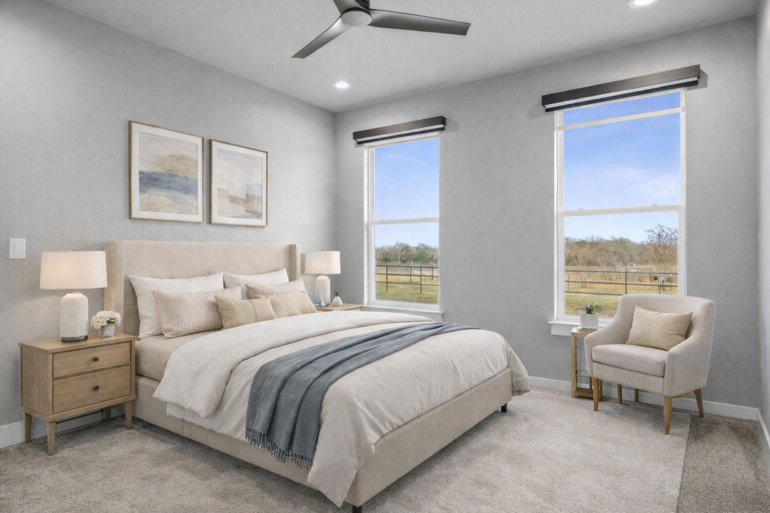 178 Balch Road Elgin, TX 78621 - Photo 19 of 40 Bedroom with a ceiling fan, carpet flooring, and recessed lighting - digitally staged.