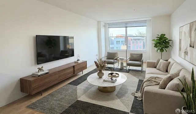a living room with furniture a flat screen tv and a large window
