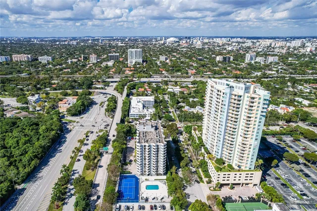 an aerial view of city and building