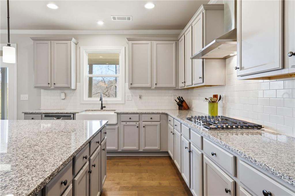 8840 Hightower Ridge Ball Ground, GA 30107 - Photo 20 of 74 a kitchen with stainless steel appliances granite countertop a sink stove cabinets and granite counter tops