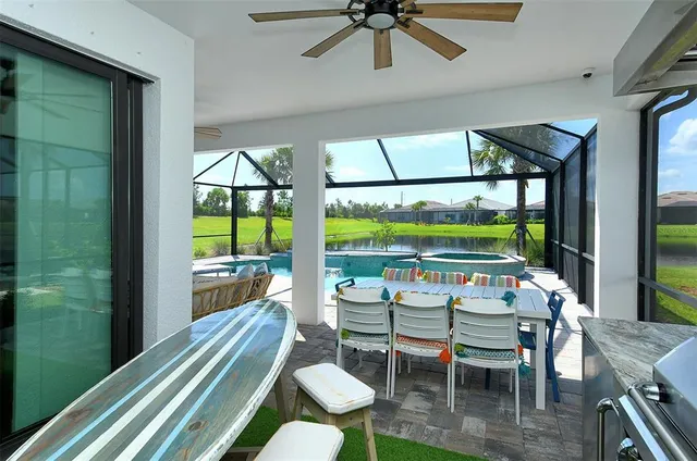 a view of a dining room with furniture window and outside view