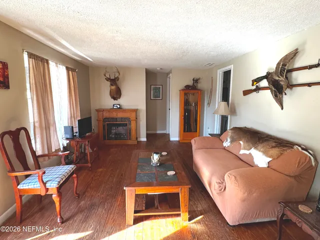 a living room with furniture and a fireplace