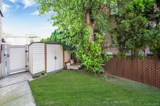 a view of a backyard with potted plants and large tree