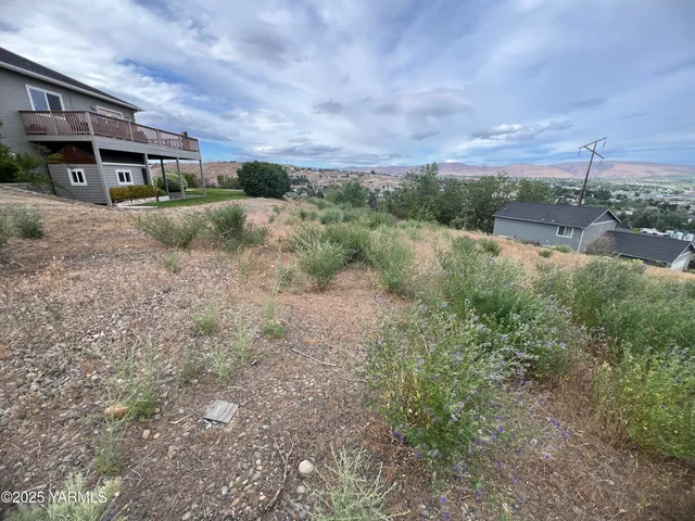 a view of a lake with houses in back