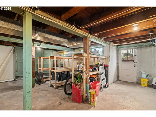 a view of a garage with storage