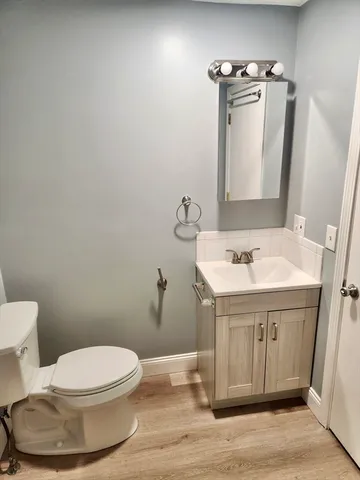 a bathroom with a sink a toilet and mirror