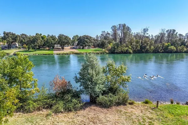 a view of a lake with houses in the back