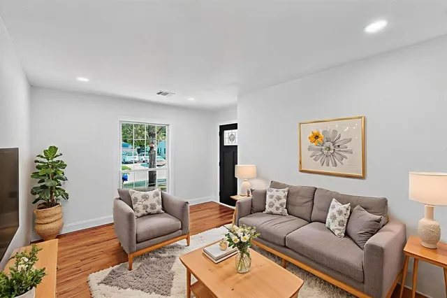 a living room with furniture and a potted plant
