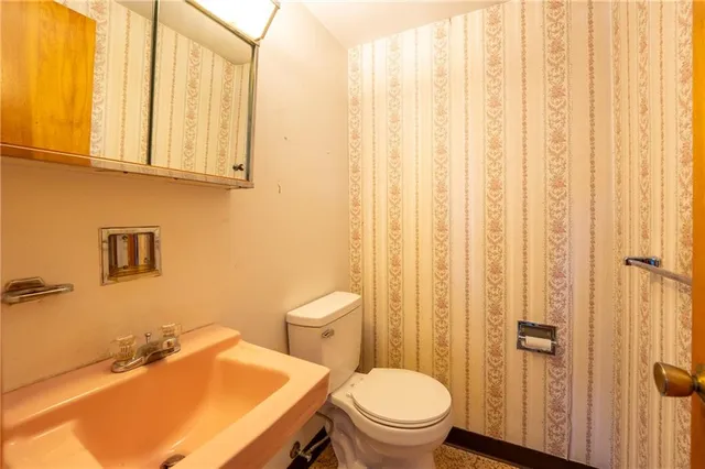 a bathroom with a sink a toilet and shower curtain