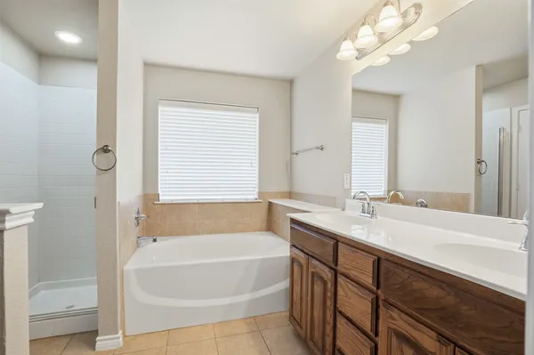 a bathroom with a tub a sink and a large mirror