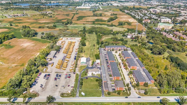 an aerial view of a swimming pool