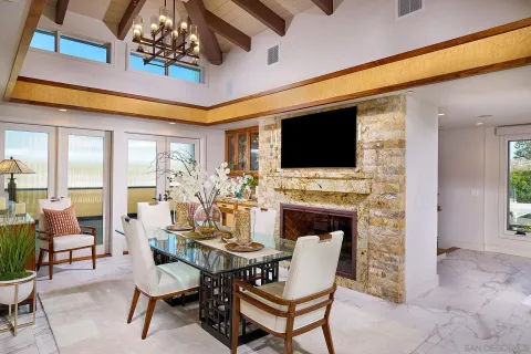 a dining room with furniture fireplace a rug a potted plant and a chandelier
