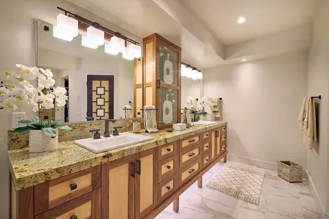 a bathroom with a granite countertop double vanity sink and a mirror