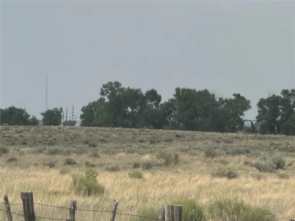 a view of dirt field with trees in background