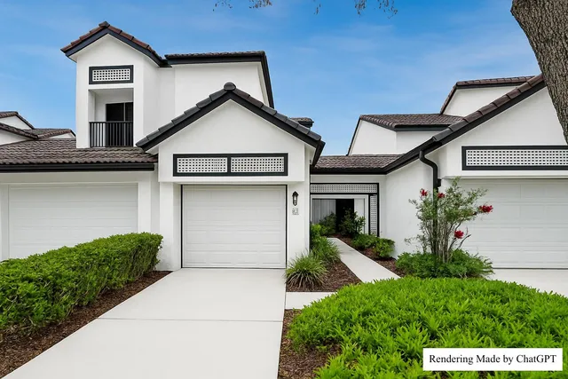 a view of garage and yard with large trees